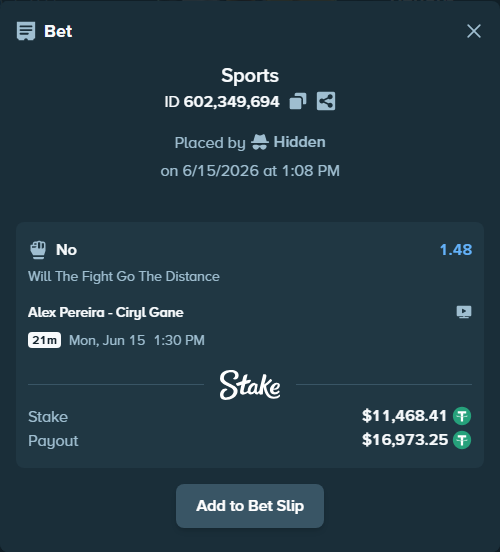 Bet slip: Alex Pereira - Ciryl Gane, $11,479.88 stake at 1.48 odds, placed by Hidden