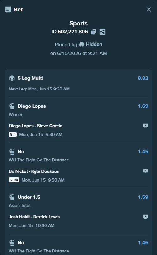 Bet slip: Alex Pereira - Ciryl Gane, $11,685.24 stake at 1.46 odds, placed by Hidden