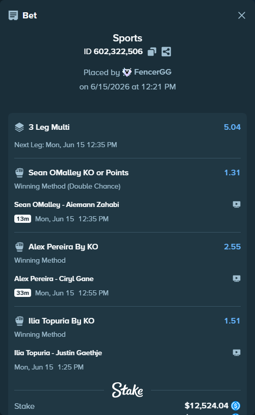Bet slip: Alex Pereira - Ciryl Gane, $12,524.04 stake at 2.55 odds, placed by FencerGG