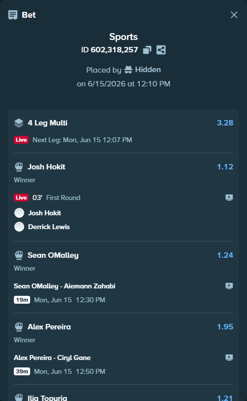Bet slip: Alex Pereira - Ciryl Gane, $17,909.37 stake at 1.95 odds, placed by Hidden