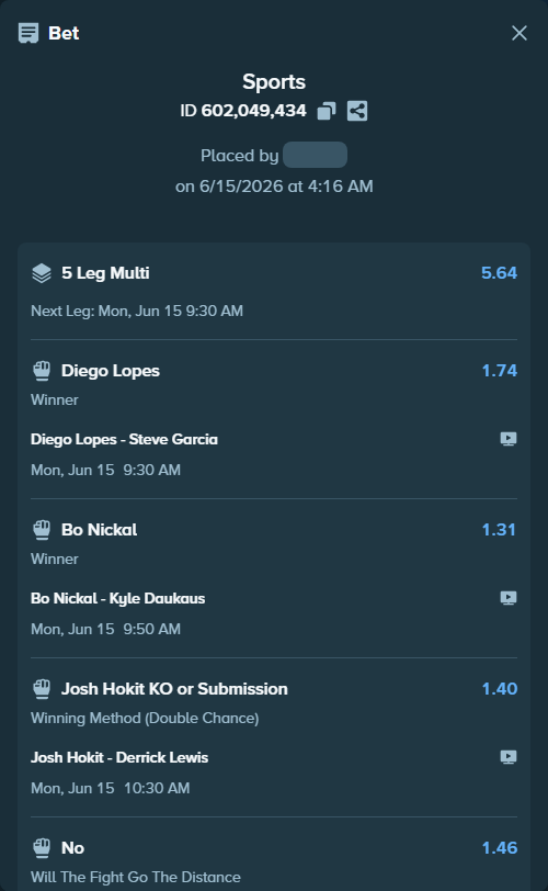Bet slip: Alex Pereira - Ciryl Gane, $22,244.22 stake at 1.46 odds, placed by gemcabal