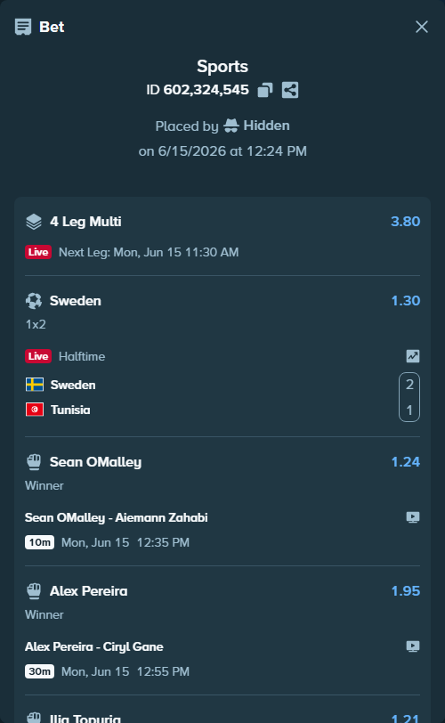 Bet slip: Alex Pereira - Ciryl Gane, $301,900.54 stake at 1.95 odds, placed by Hidden