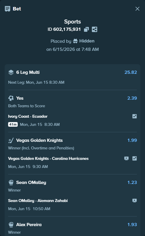 Bet slip: Alex Pereira - Ciryl Gane, $32,453.47 stake at 1.93 odds, placed by Hidden