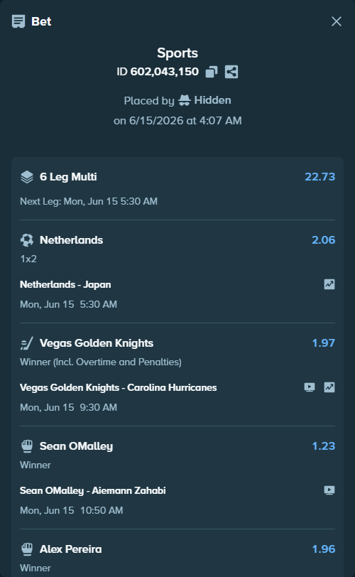 Bet slip: Alex Pereira - Ciryl Gane, $50,000.00 stake at 1.96 odds, placed by Hidden