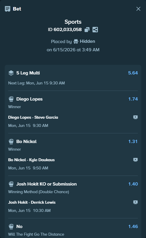 Bet slip: Alex Pereira - Ciryl Gane, $50,050.00 stake at 1.46 odds, placed by Hidden