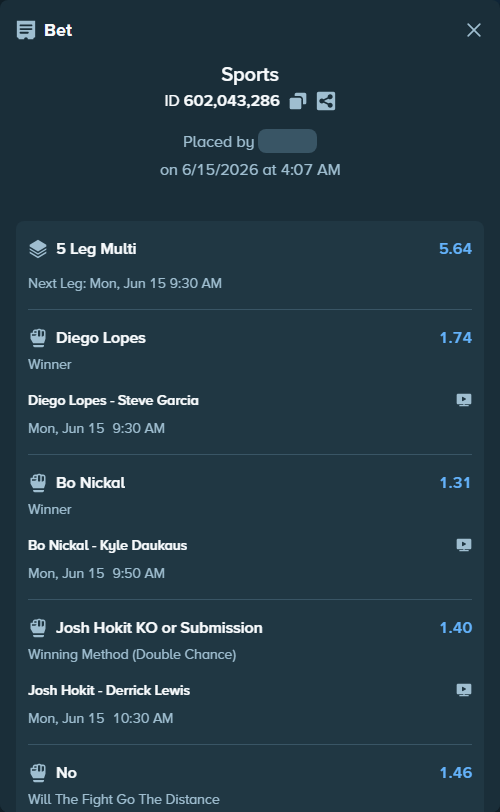 Bet slip: Alex Pereira - Ciryl Gane, $50,050.00 stake at 1.46 odds, placed by Cabrzy