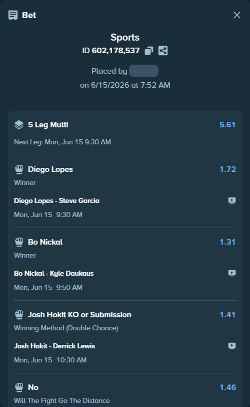Bet slip: Alex Pereira - Ciryl Gane, $50,050.00 stake at 1.46 odds, placed by gemcabal