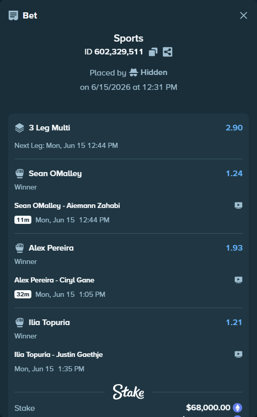 Bet slip: Alex Pereira - Ciryl Gane, $68,625.66 stake at 1.93 odds, placed by Hidden