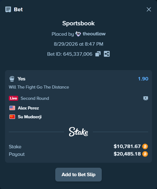Bet slip: Alex Perez - Su Mudaerji, $10,768.10 stake at 1.90 odds, placed by theoutlaw