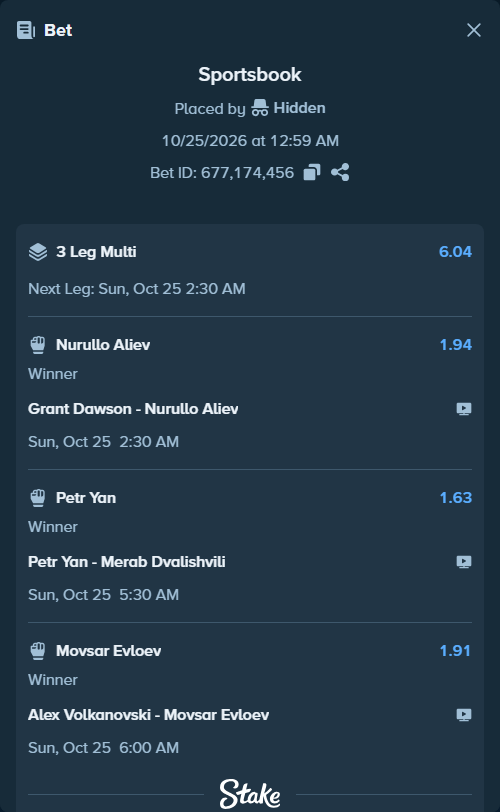 Bet slip: Alex Volkanovski - Evloev, Movsar, $13,690.27 stake at 1.91 odds, placed by Hidden