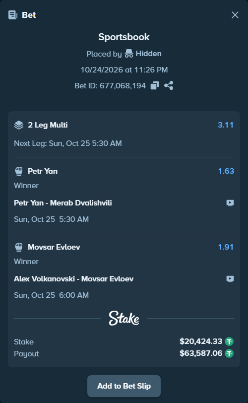 Bet slip: Alex Volkanovski - Evloev, Movsar, $20,444.75 stake at 1.91 odds, placed by Helsoq