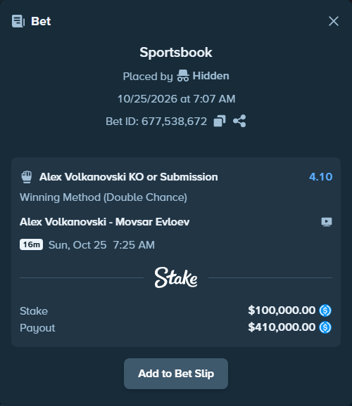 Bet slip: Alex Volkanovski - Movsar Evloev, $100,000.00 stake at 4.10 odds, placed by Hidden