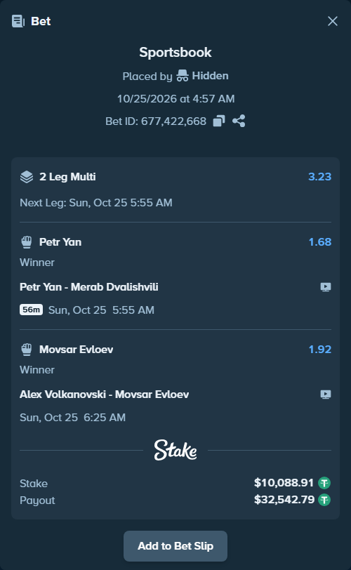 Bet slip: Alex Volkanovski - Movsar Evloev, $10,099.00 stake at 1.92 odds, placed by emiliogaviria7