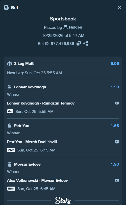 Bet slip: Alex Volkanovski - Movsar Evloev, $15,000.00 stake at 1.90 odds, placed by FencerGG