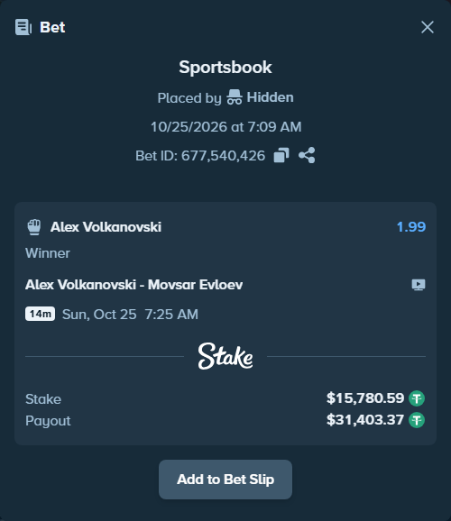 Bet slip: Alex Volkanovski - Movsar Evloev, $15,796.37 stake at 1.99 odds, placed by dogxxx
