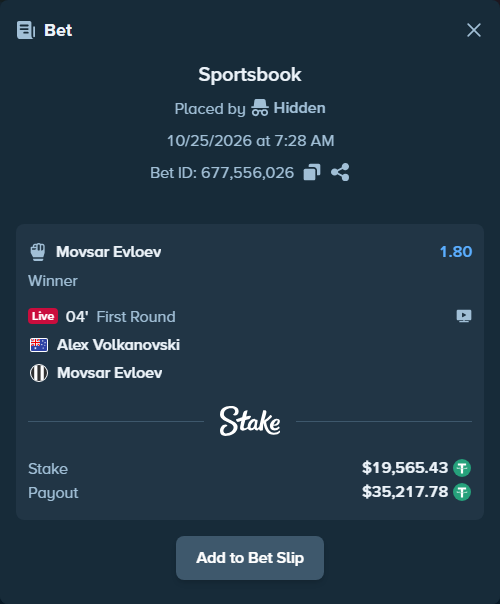 Bet slip: Alex Volkanovski - Movsar Evloev, $19,585.00 stake at 1.80 odds, placed by Zumbus93