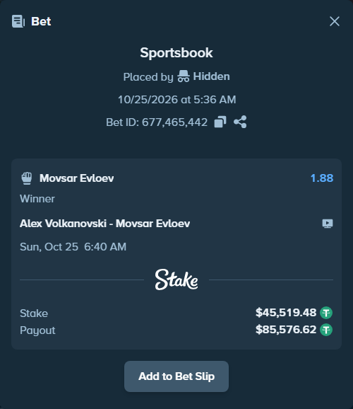 Bet slip: Alex Volkanovski - Movsar Evloev, $45,565.00 stake at 1.88 odds, placed by Hidden