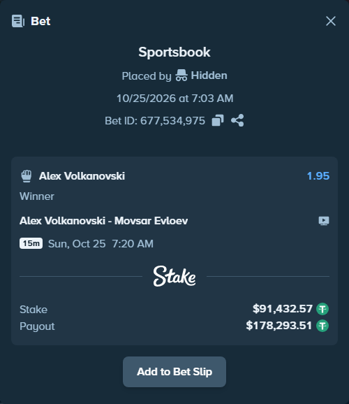 Bet slip: Alex Volkanovski - Movsar Evloev, $91,524.00 stake at 1.95 odds, placed by Zumbus93