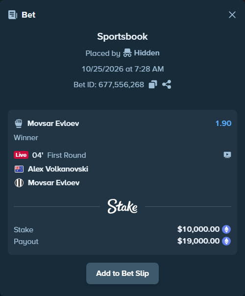 Bet slip: Alex Volkanovski - Movsar Evloev, $9,990.78 stake at 1.90 odds, placed by Jollysea