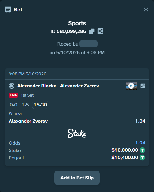 Bet slip: Alexander Blockx - Alexander Zverev, $10,000.00 stake at 1.04 odds, placed by Danmir67