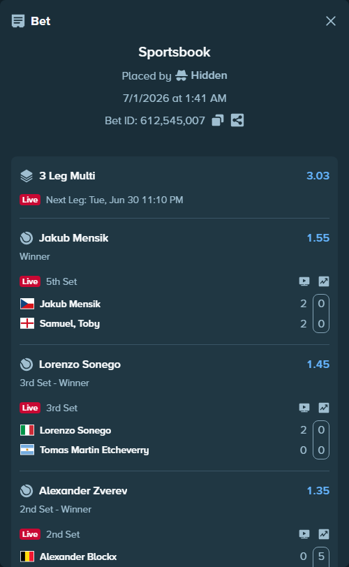Bet slip: Alexander Blockx - Alexander Zverev, $10,000.00 stake at 1.35 odds, placed by Hidden