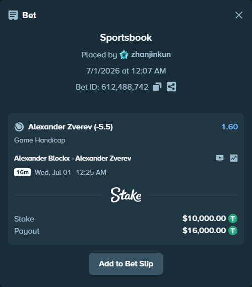 Bet slip: Alexander Blockx - Alexander Zverev, $10,020.00 stake at 1.60 odds, placed by zhanjinkun