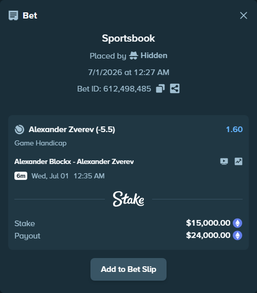 Bet slip: Alexander Blockx - Alexander Zverev, $17,172.95 stake at 1.60 odds, placed by Hidden
