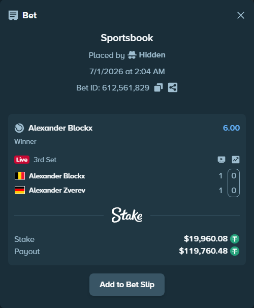 Bet slip: Alexander Blockx - Alexander Zverev, $20,000.00 stake at 6.00 odds, placed by Hidden