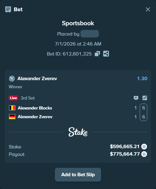 Bet slip: Alexander Blockx - Alexander Zverev, $666,618.26 stake at 1.30 odds, placed by Prettylfacko98