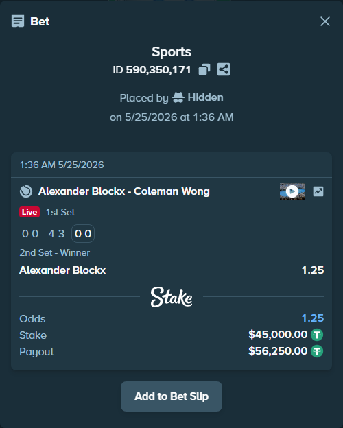 Bet slip: Alexander Blockx - Coleman Wong, $45,000.00 stake at 1.25 odds, placed by Hidden
