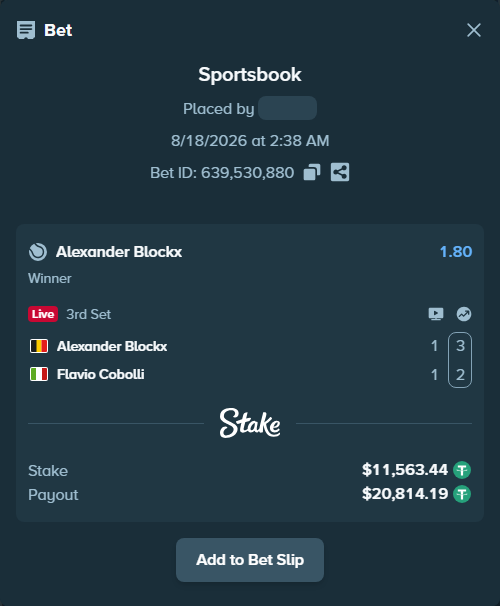 Bet slip: Alexander Blockx - Flavio Cobolli, $11,575.00 stake at 1.80 odds, placed by diomancy