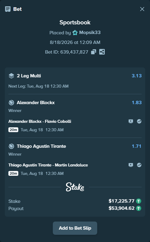 Bet slip: Alexander Blockx - Flavio Cobolli, $17,243.00 stake at 1.83 odds, placed by Mopsik33
