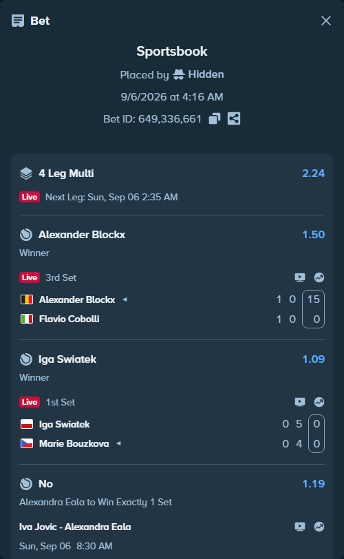 Bet slip: Alexander Blockx - Flavio Cobolli, $19,998.00 stake at 1.50 odds, placed by Hidden
