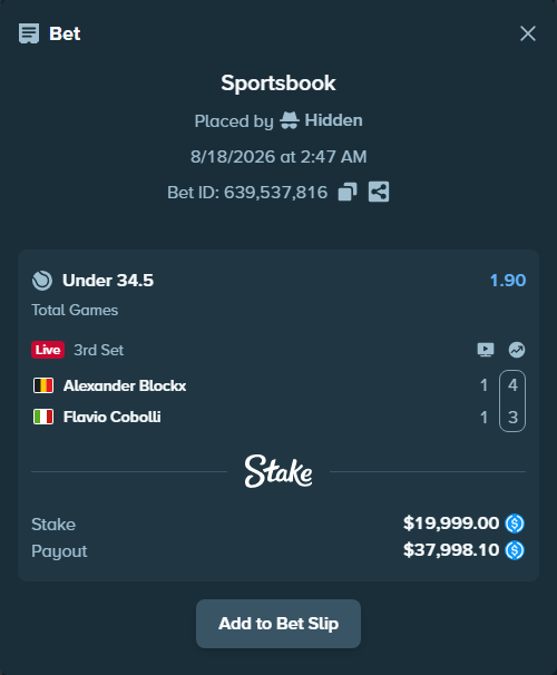 Bet slip: Alexander Blockx - Flavio Cobolli, $19,999.00 stake at 1.90 odds, placed by Hidden