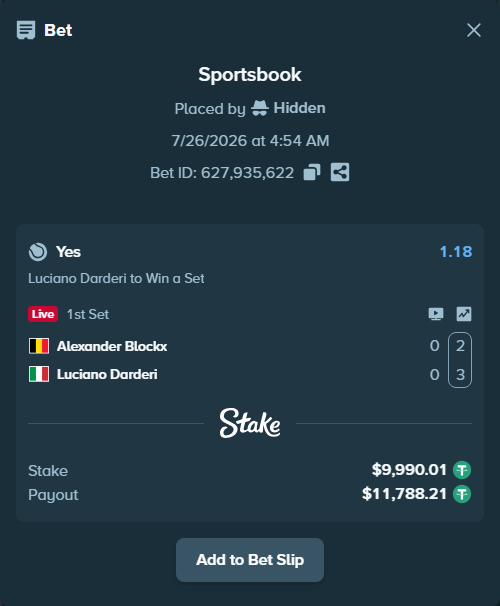 Bet slip: Alexander Blockx - Luciano Darderi, $10,000.00 stake at 1.18 odds, placed by Hidden