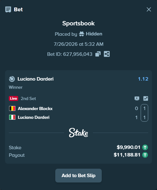 Bet slip: Alexander Blockx - Luciano Darderi, $10,000.00 stake at 1.12 odds, placed by Hidden