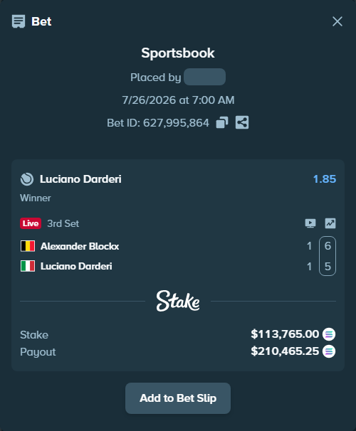 Bet slip: Alexander Blockx - Luciano Darderi, $111,277.89 stake at 1.85 odds, placed by Prettylfacko98