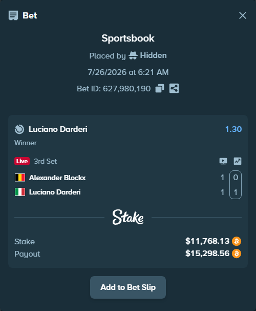 Bet slip: Alexander Blockx - Luciano Darderi, $11,778.50 stake at 1.30 odds, placed by Hidden