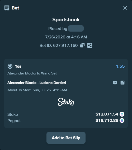 Bet slip: Alexander Blockx - Luciano Darderi, $11,772.54 stake at 1.55 odds, placed by VTD