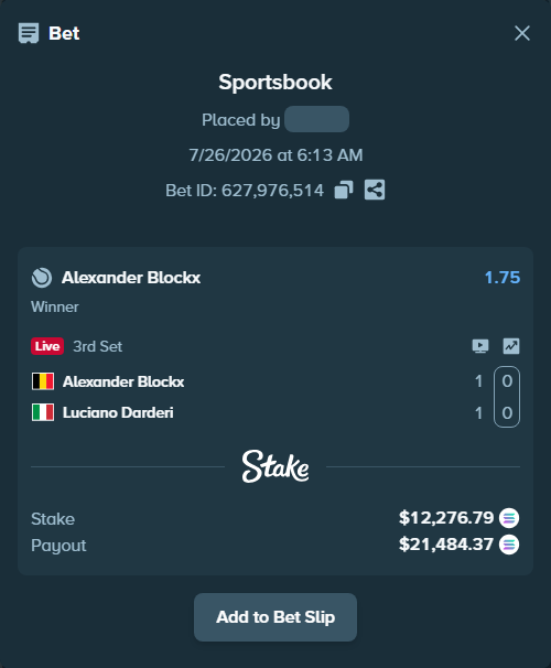 Bet slip: Alexander Blockx - Luciano Darderi, $11,990.55 stake at 1.75 odds, placed by VTD