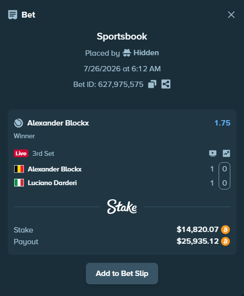 Bet slip: Alexander Blockx - Luciano Darderi, $14,833.13 stake at 1.75 odds, placed by Hidden