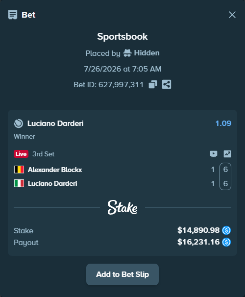 Bet slip: Alexander Blockx - Luciano Darderi, $14,890.98 stake at 1.09 odds, placed by Hidden