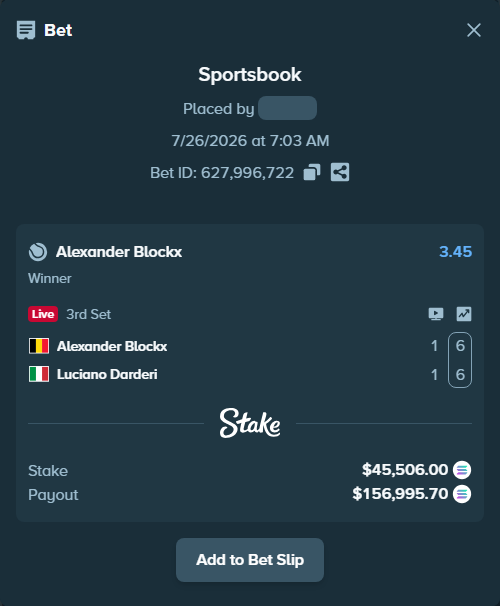 Bet slip: Alexander Blockx - Luciano Darderi, $44,511.16 stake at 3.45 odds, placed by Prettylfacko98