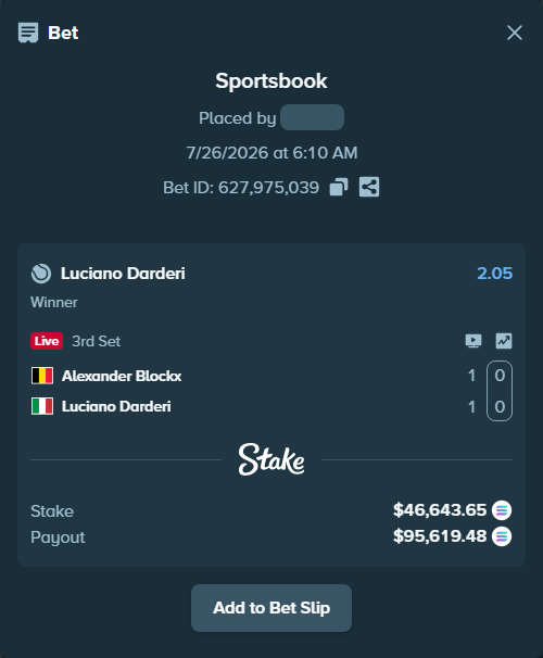 Bet slip: Alexander Blockx - Luciano Darderi, $45,556.15 stake at 2.05 odds, placed by Prettylfacko98