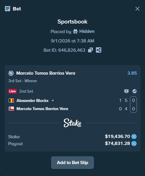 Bet slip: Alexander Blockx - Marcelo Tomas Barrios Vera, $19,436.70 stake at 3.85 odds, placed by Hidden