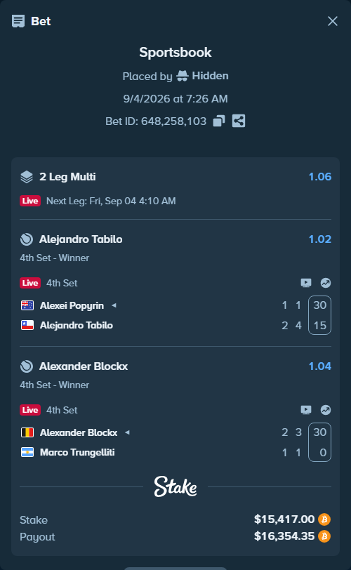 Bet slip: Alexander Blockx - Marco Trungelliti, $15,343.30 stake at 1.04 odds, placed by Hidden