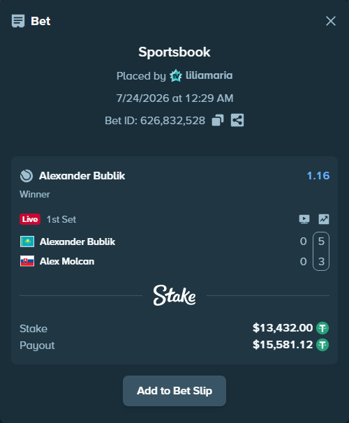 Bet slip: Alexander Bublik - Alex Molcan, $13,445.43 stake at 1.16 odds, placed by liliamaria