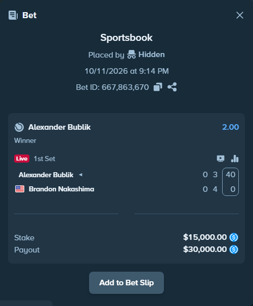 Bet slip: Alexander Bublik - Brandon Nakashima, $15,000.00 stake at 2.00 odds, placed by LATifAa9