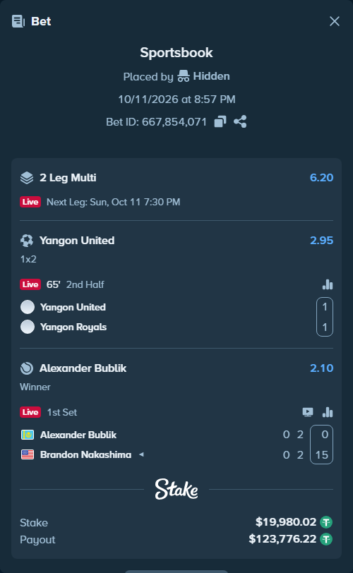 Bet slip: Alexander Bublik - Brandon Nakashima, $20,000.00 stake at 2.10 odds, placed by Hidden