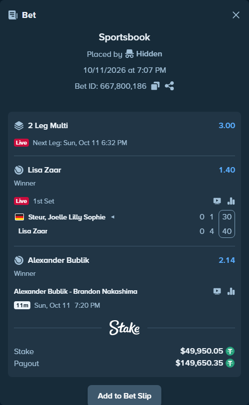 Bet slip: Alexander Bublik - Brandon Nakashima, $50,000.00 stake at 2.14 odds, placed by Hidden
